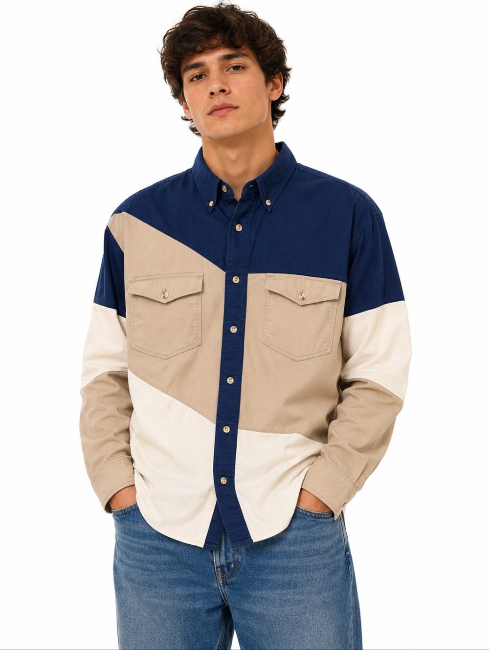 Wrangler Western Colorblock Button Down Shirt Men's L Blue Beige Cotton